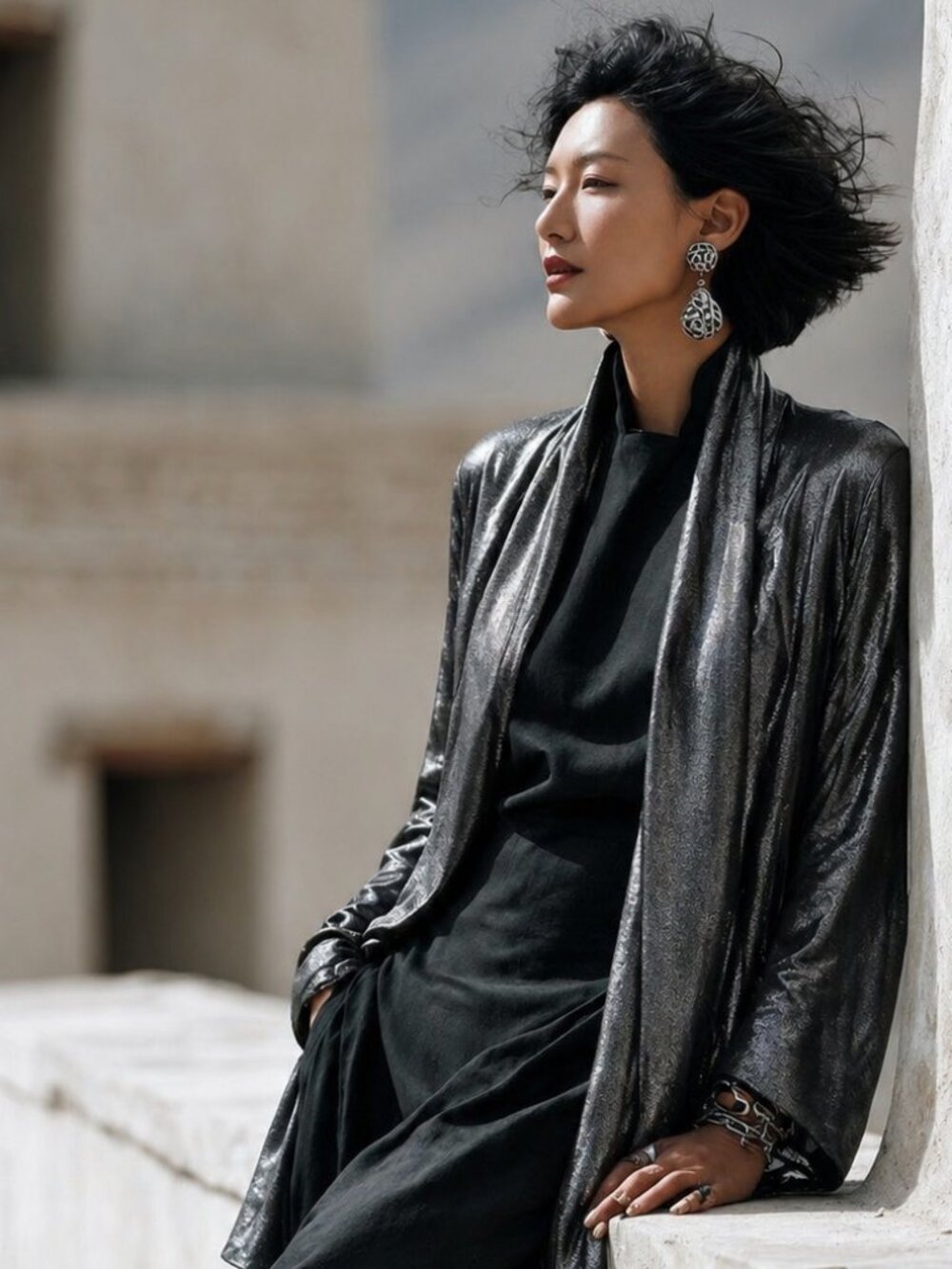 Shimmering Gunmetal jacket, open front, lightweight